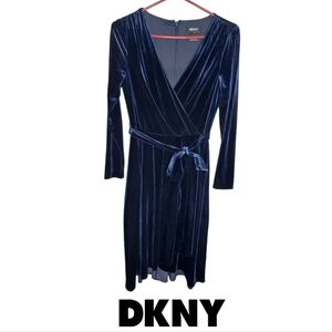DKNY Blue Velour Dress with Tie